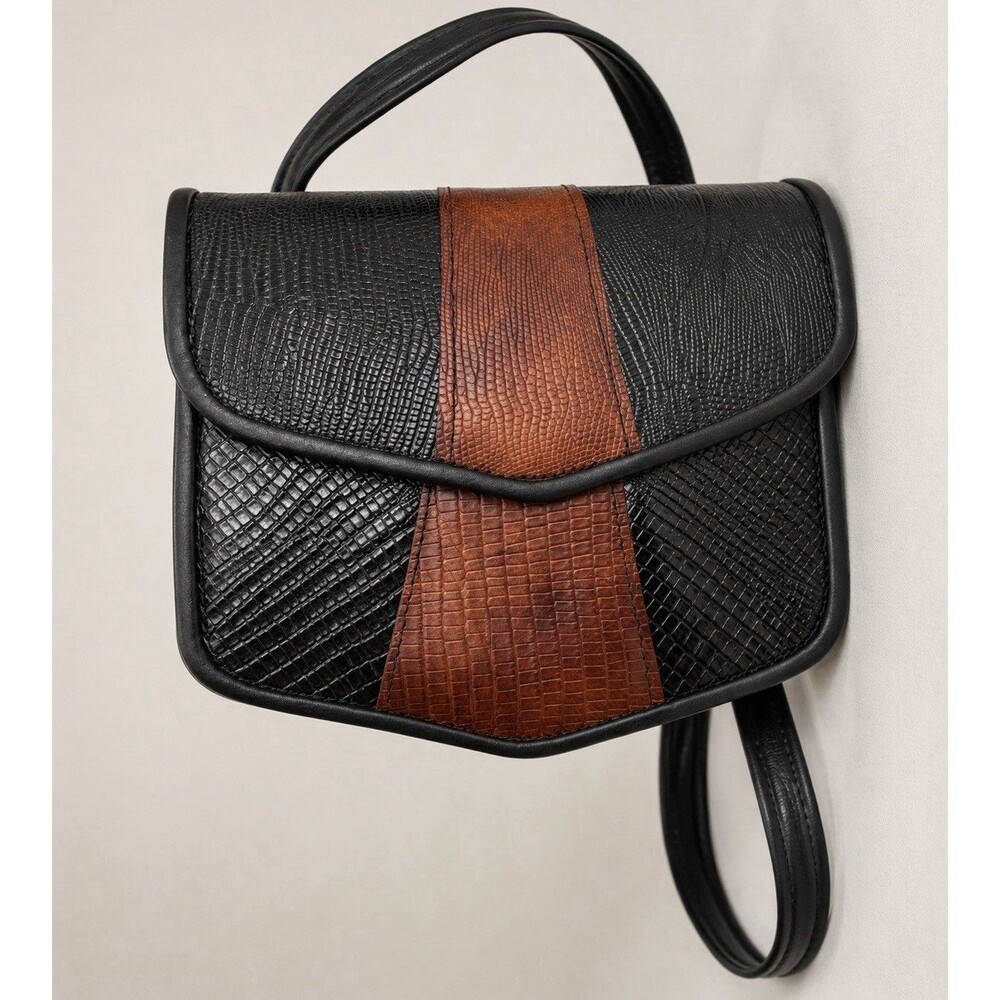 Vintage Reptile Embossed Leather Crossbody Bag Black Brown Croc